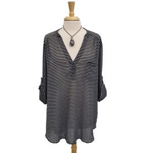 Torrid Black White Striped Semi-Sheer Blouse Top Size 3X V-Neck 3/4 Roll Tab